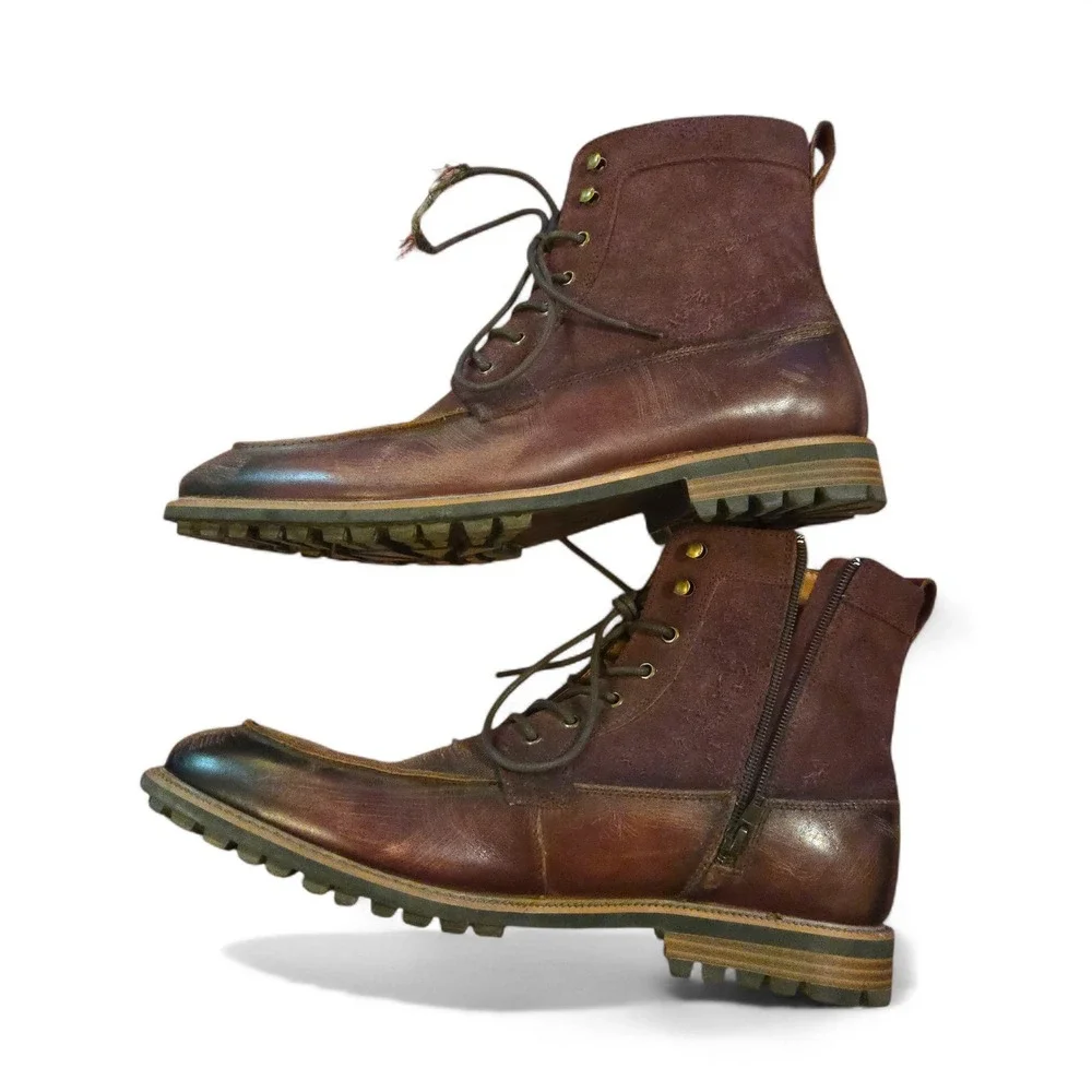 La Milano Jace II Leather Boots Men 12 Burgundy Distressed Side Zip Lug Sole EUC
